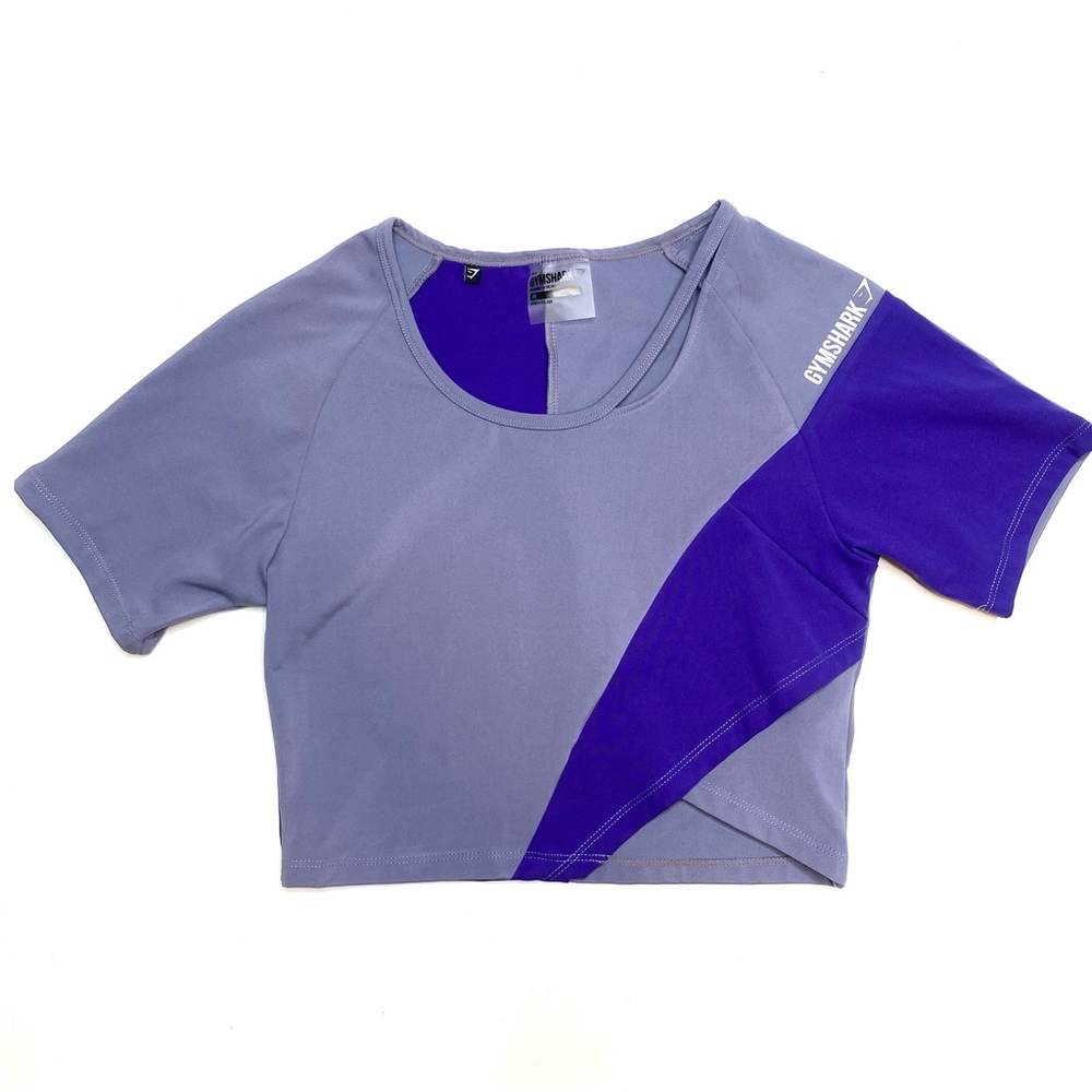 Gymshark Asymmetric Crop Top Steel Blue Indigo Purple Short Sleeve Size Medium - Picture 2 of 9
